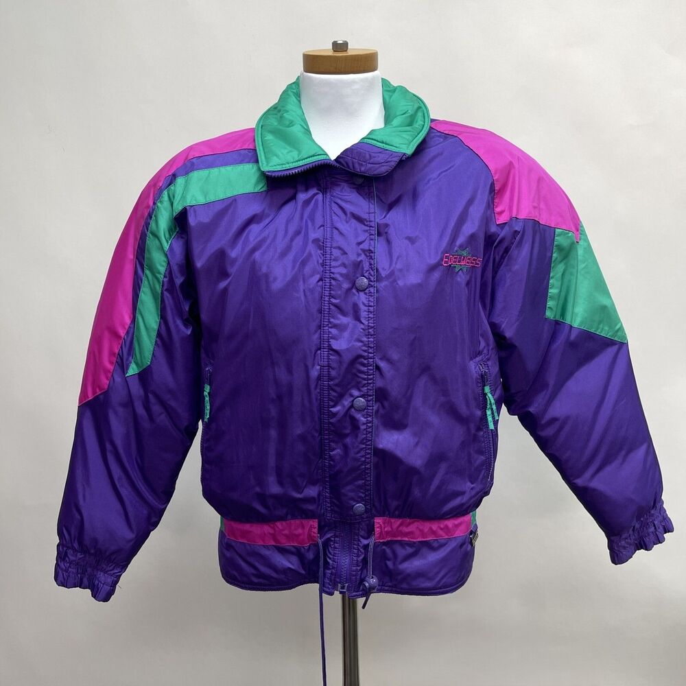 Vtg Edelweiss Ski Jacket Medium Purple‎ Green Pink Multicolor Duck Down Puffer